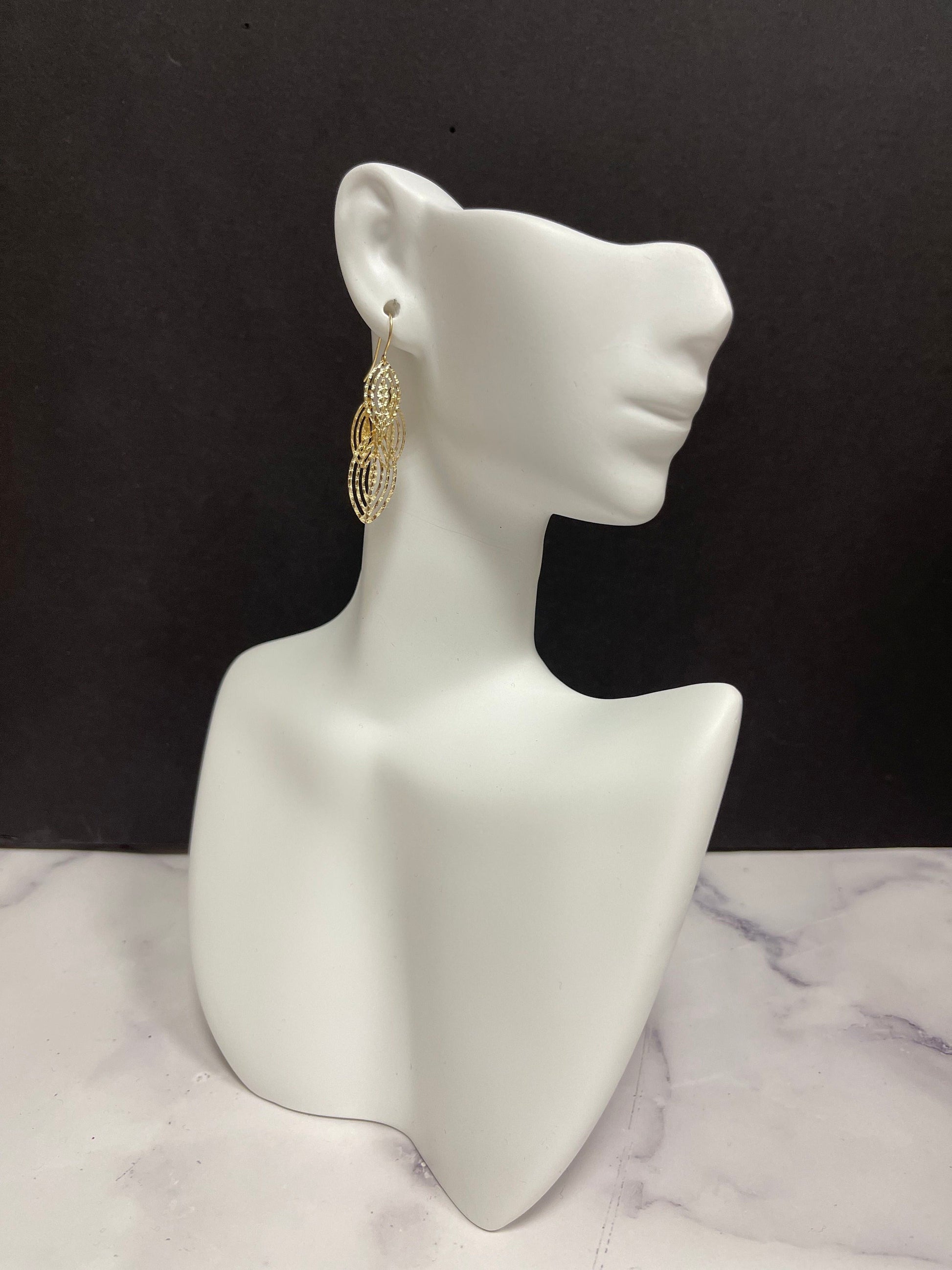 14K Yellow Gold Large Textured Dangle Earring with Wire Clasp, Real Gold Earrings, Women