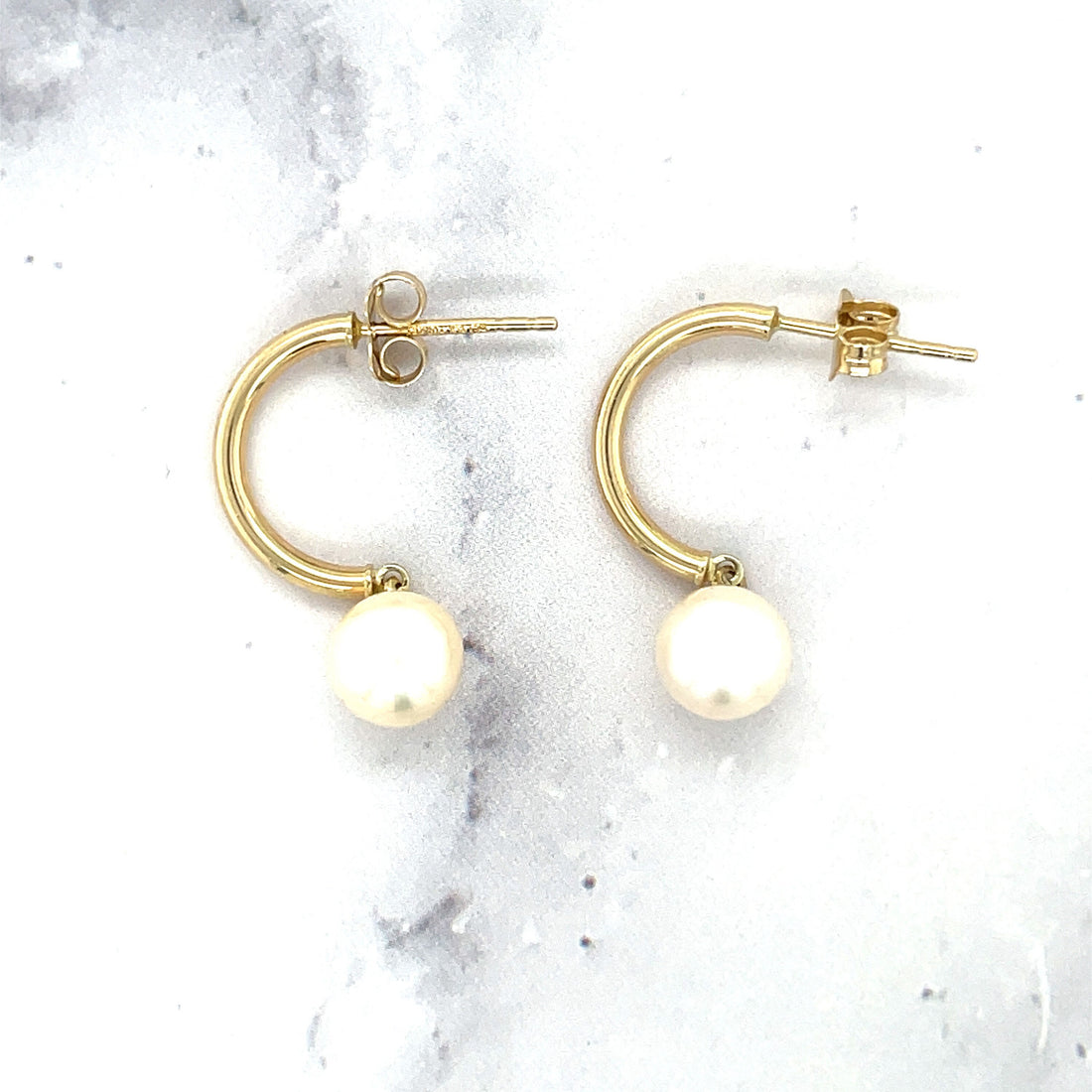 14K Yellow Gold Polished Half Hoop Pearl Earring with Push Back Clasp, Pearl Earrings, Real Gold Earrings, Women