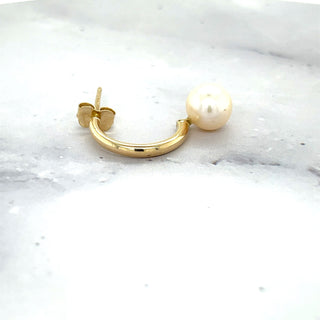 14K Yellow Gold Polished Half Hoop Pearl Earring with Push Back Clasp, Pearl Earrings, Real Gold Earrings, Women