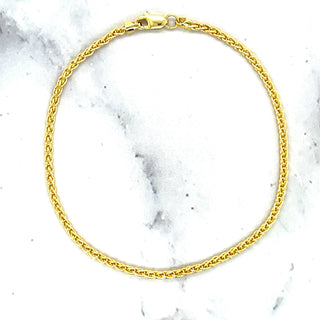 Solid 14K Gold 7" Round Wheat Chain Bracelet, 2.1mm wide