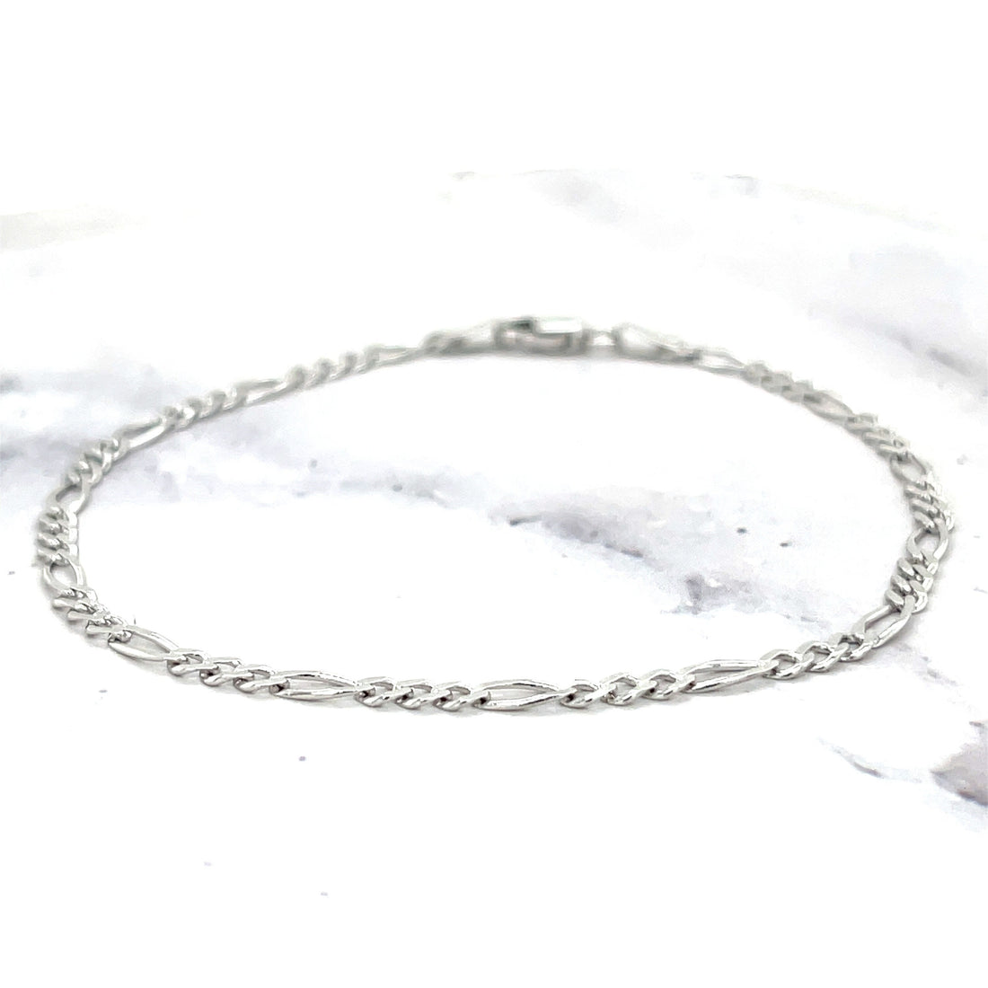 Solid 14K White Gold 7" Figaro Chain Bracelet, 2.6mm wide