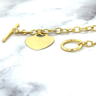 14K Yellow Gold 17" Heart Charm Toggle Oval Link Chain, 3.3mm Wide, Real Gold Chain, Engravable Charm, Personalized Jewelry Women