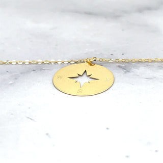 14K Yellow Gold 18" North Star Disc Necklace, North Star Gold Charm, Real Gold Chain, Fashion Necklace, Women