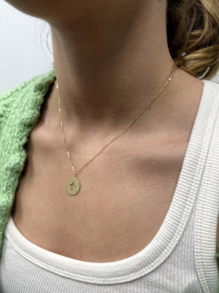 14K Yellow Gold 18" North Star Disc Necklace, North Star Gold Charm, Real Gold Chain, Fashion Necklace, Women