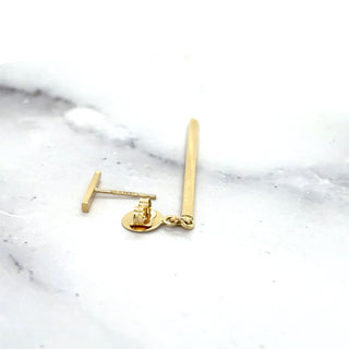 14K Yellow Gold Polished Bar With Horizontal Post Linear Drop Stud Earring, Real Gold Earrings, Women