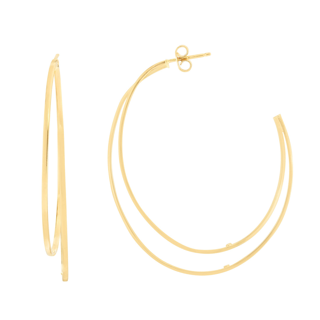 14K Yellow Gold Large Polished Double Row C-Hoop Earring with Push Back Clasp, Hoop Earrings, Real Gold Earrings, Women