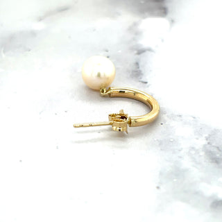 14K Yellow Gold Polished Half Hoop Pearl Earring with Push Back Clasp, Pearl Earrings, Real Gold Earrings, Women