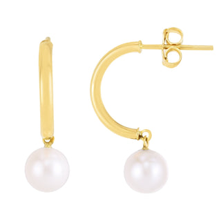 14K Yellow Gold Polished Half Hoop Pearl Earring with Push Back Clasp, Pearl Earrings, Real Gold Earrings, Women