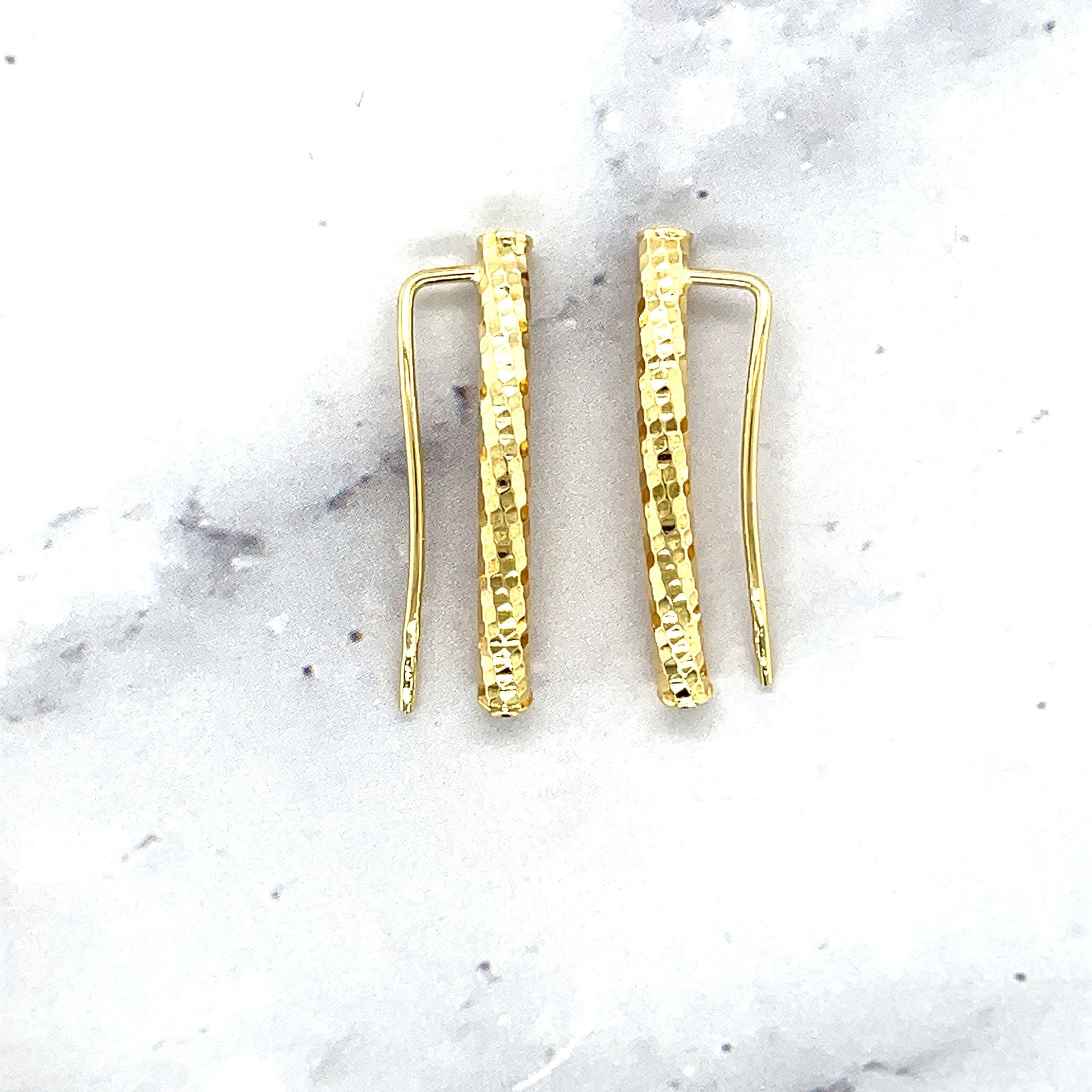 14K Yellow Gold 25x8mm Diamond Cut Textured Tube Climber Earring with Wire Clasp, Real Gold Earrings, Women