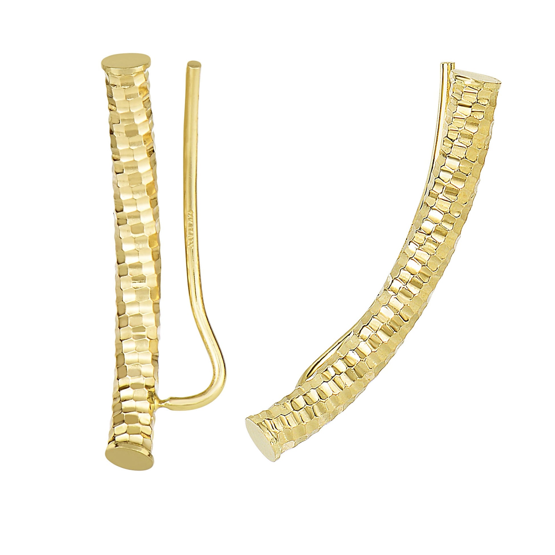 14K Yellow Gold 25x8mm Diamond Cut Textured Tube Climber Earring with Wire Clasp, Real Gold Earrings, Women