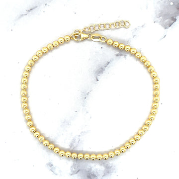 14K Yellow Gold 6"-8" Adjustable Polished Beaded Bracelet, Ball Bracelet, 3mm Wide, Women