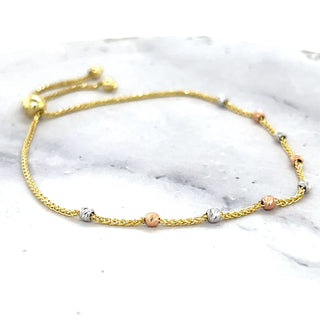 14K Tri-color Gold 9.25" Adjustable Stationed Diamond Cut Beads Friendship Bracelet, Bolo Bracelet, Real Gold, Women