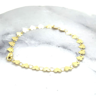 14K Yellow Gold 7" Heart Strand Mirror Link Chain Bracelet, 5mm wide