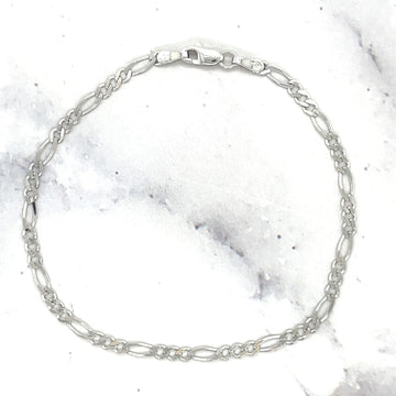 Solid 14K White Gold 7" Figaro Chain Bracelet, 2.6mm wide