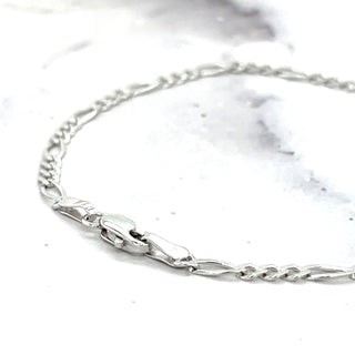 Solid 14K White Gold 7" Figaro Chain Bracelet, 2.6mm wide