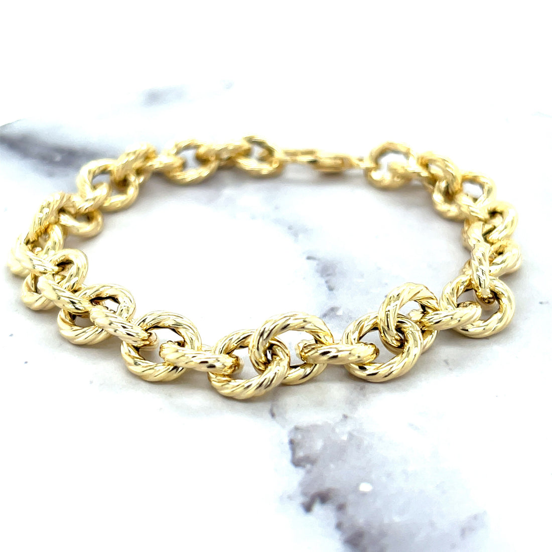 14K Yellow Gold 8" Textured Round Rope Link Bracelet