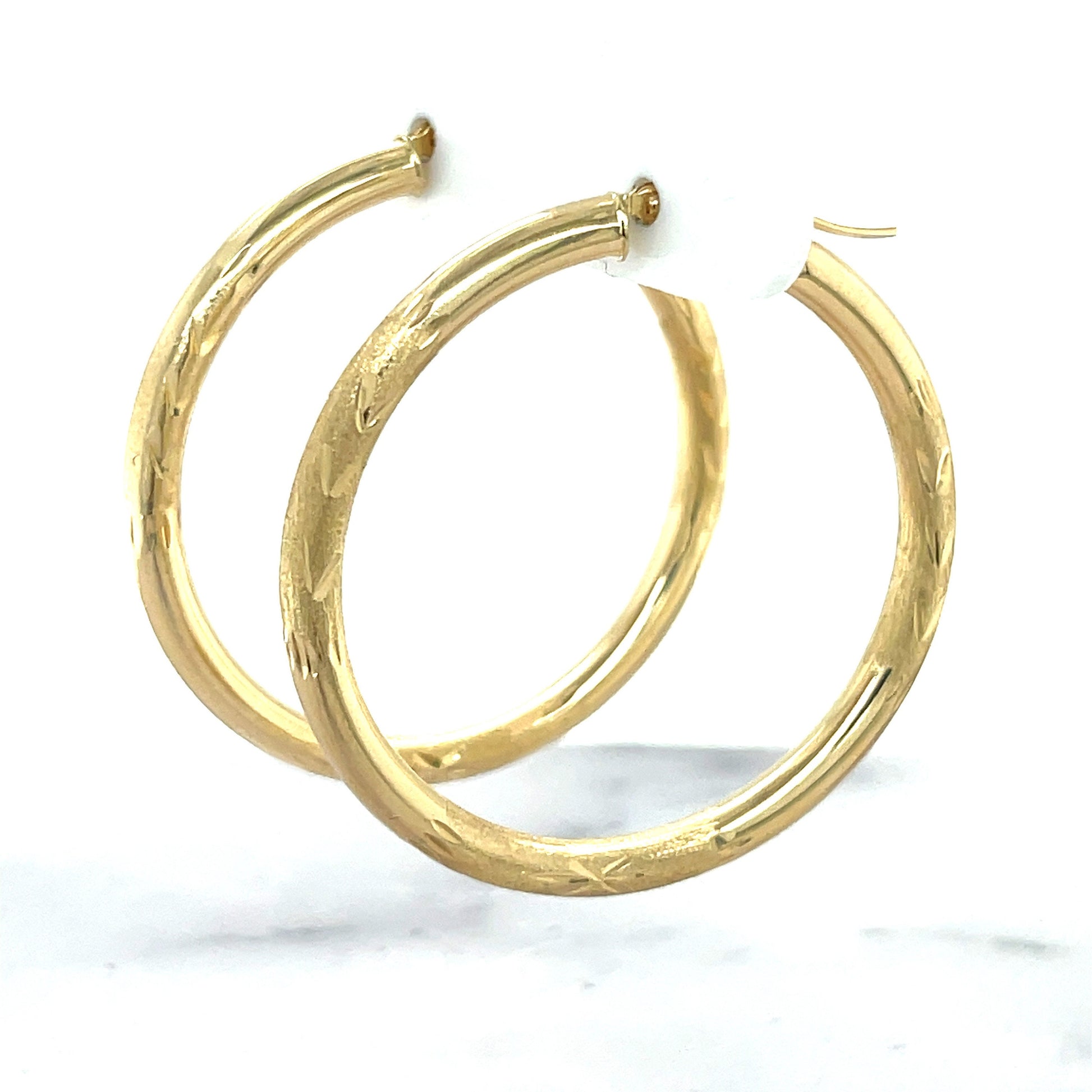 14K Yellow Gold 15mm 20mm 25mm 35mm Diamond Cut Textured Design Hoop Earring, 3mm Thick, Gift For Her, Women