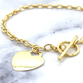 14K Yellow Gold 17" Heart Charm Toggle Oval Link Chain, 3.3mm Wide, Real Gold Chain, Engravable Charm, Personalized Jewelry Women