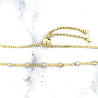 14K Tri-color Gold 9.25" Adjustable Stationed Diamond Cut Beads Friendship Bracelet, Bolo Bracelet, Real Gold, Women