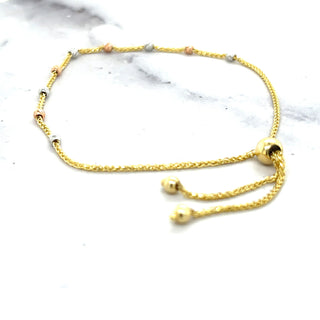 14K Tri-color Gold 9.25" Adjustable Stationed Diamond Cut Beads Friendship Bracelet, Bolo Bracelet, Real Gold, Women