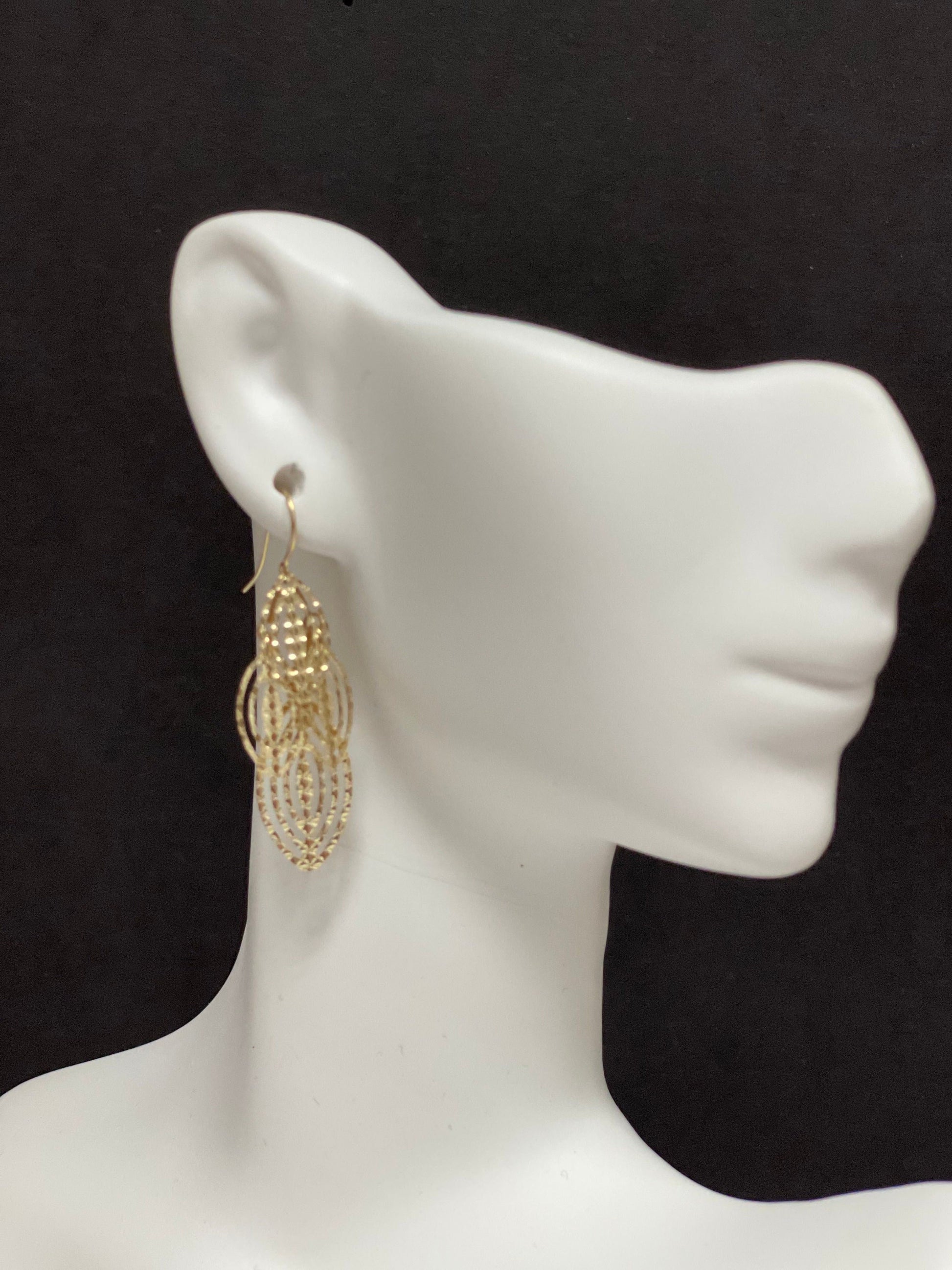 14K Yellow Gold Large Textured Dangle Earring with Wire Clasp, Real Gold Earrings, Women