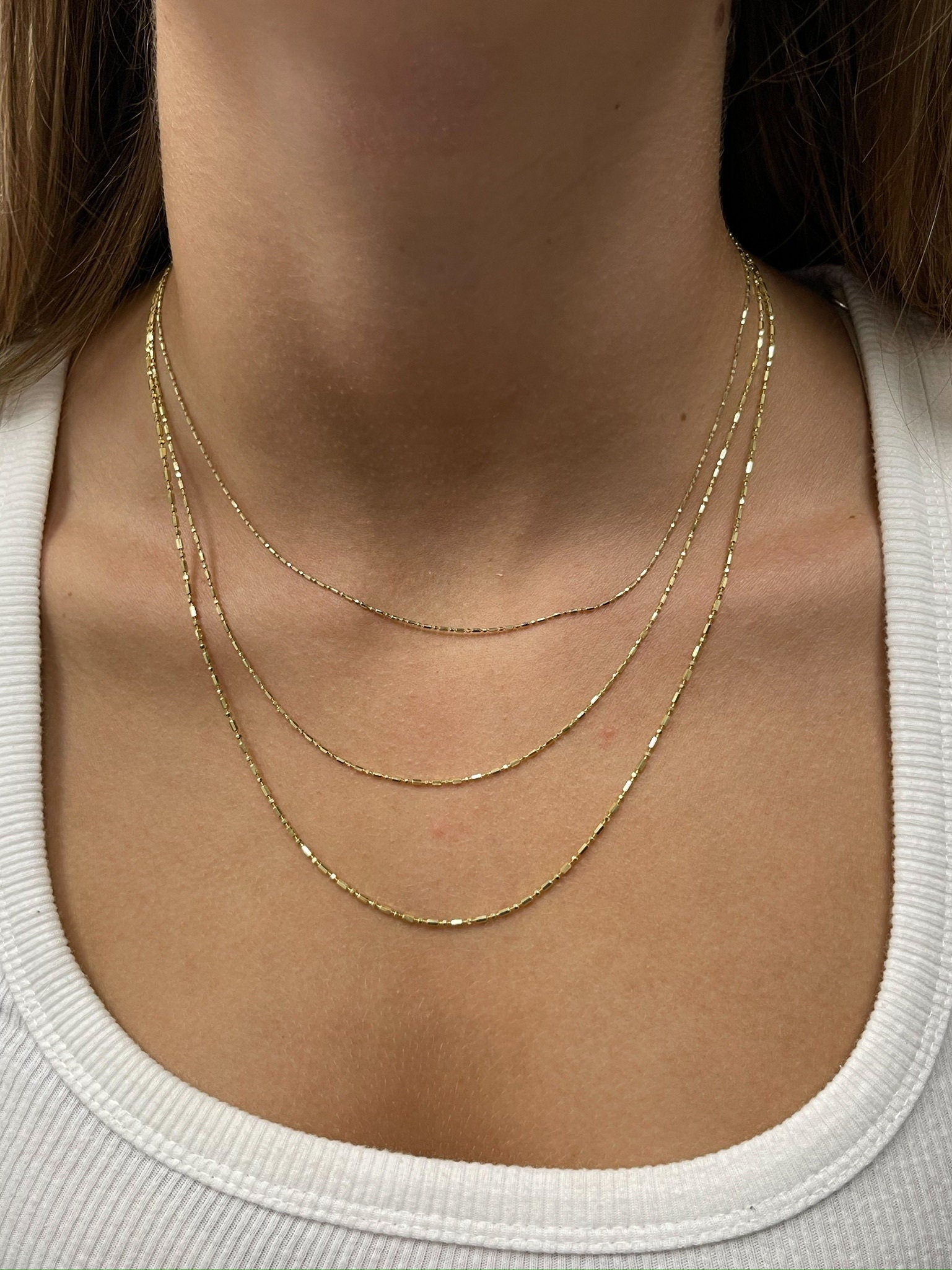 Solid 14K Gold Diamond Cut Bar and Bead Chain with Lobster Lock,0.9mm 1.1mm 1.3mm Wide, 16" 18" 20", Real Gold Necklace, Beaded Chain, Women