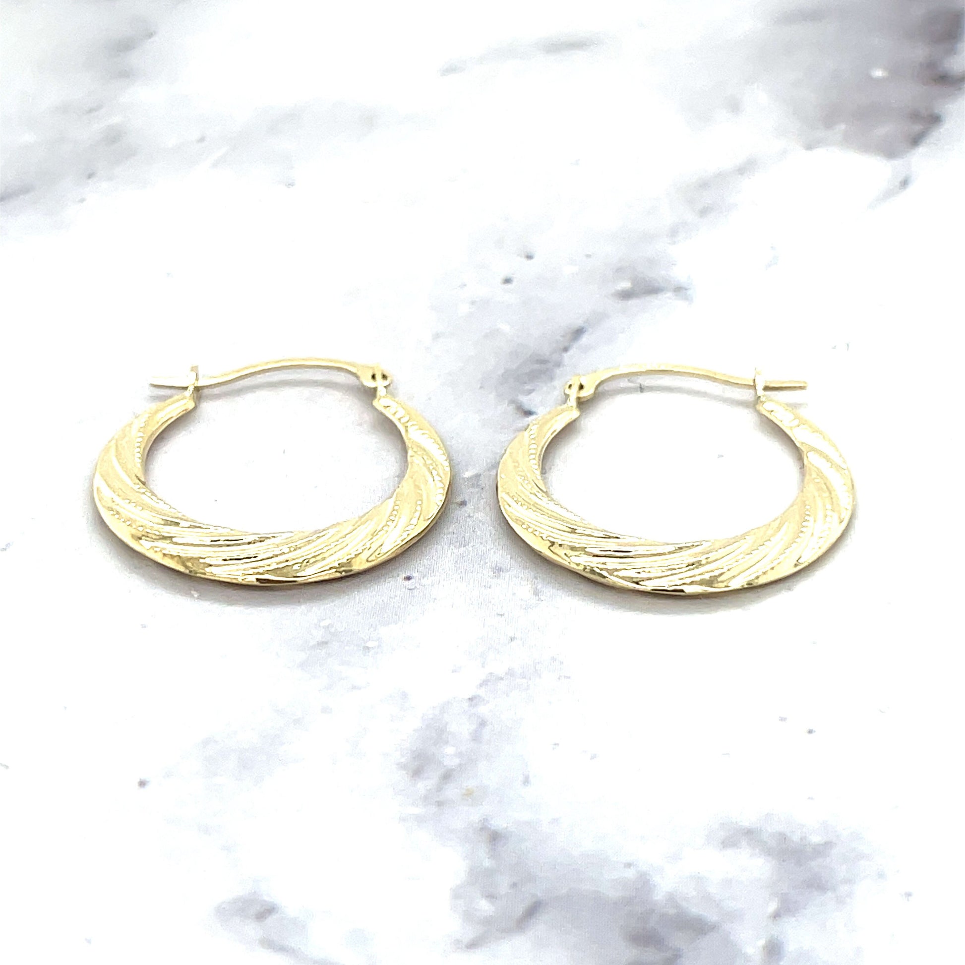 14K Yellow Gold Lite 20mm Milgrain Detail Twist Hoop Earrings with Hinged Closure, Crescent Hoops, Real Gold Earrings