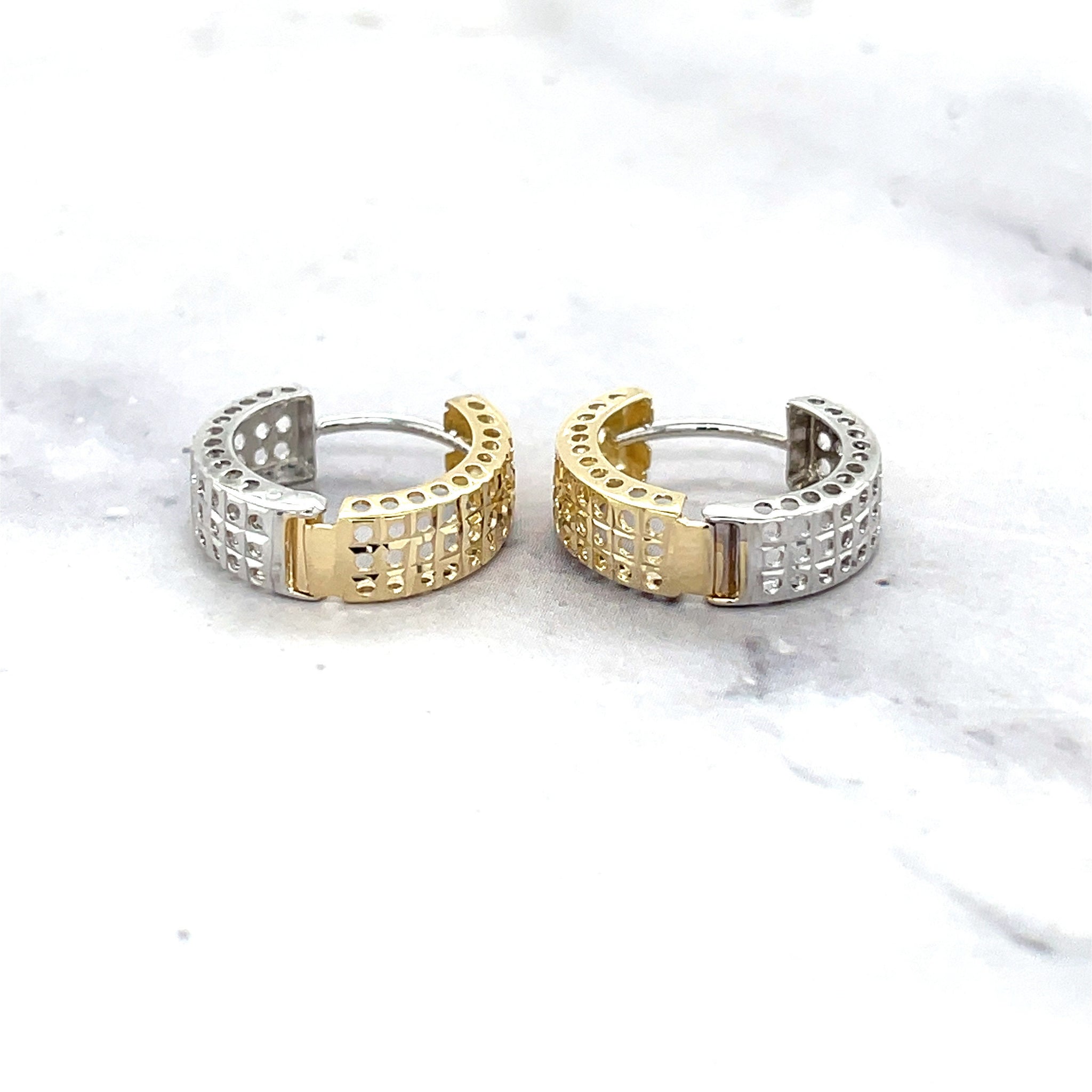 14K Two Tone Gold 14mm Open Reversible Huggie Earrings with Hinged Snap Back, 5mm Thick, Yelllow & White Gold Earrings, Textured Huggies