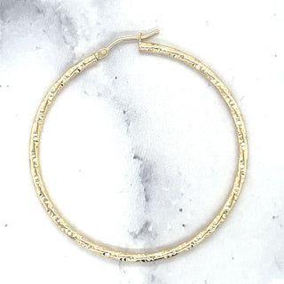 14K Yellow Gold 45mm Round Diamond Cut Hoop Earrings, 2mm Thick, Textured Hoops, Sparkle Earrings