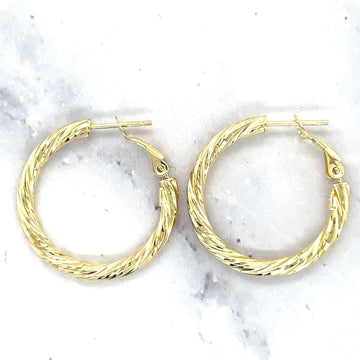 14K Yellow Gold 10mm 15mm 20mm Diamond Cut Twist Omega Back Hoop Earring, 3mm Thick, Textured Hoops, Twisted Hoops, Real Gold Earrings