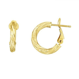 14K Yellow Gold 10mm 15mm 20mm Diamond Cut Twist Omega Back Hoop Earring, 3mm Thick, Textured Hoops, Twisted Hoops, Real Gold Earrings