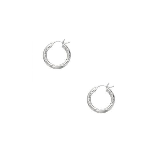 14K White Gold 15mm 25mm 35mm Diamond Cut and Polished Design Hoop Earrings, 3mm Thick, Texture Hoops, Tube Earrings, Women