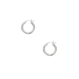 14K White Gold 15mm 25mm 35mm Diamond Cut and Polished Design Hoop Earrings, 3mm Thick, Texture Hoops, Tube Earrings, Women