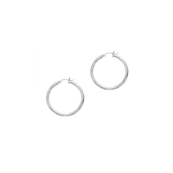 14K White Gold 15mm 25mm 35mm Diamond Cut and Polished Design Hoop Earrings, 3mm Thick, Texture Hoops, Tube Earrings, Women