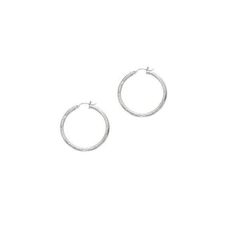 14K White Gold 15mm 25mm 35mm Diamond Cut and Polished Design Hoop Earrings, 3mm Thick, Texture Hoops, Tube Earrings, Women