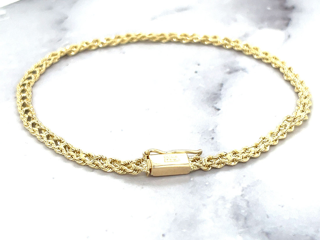 Solid 14K Gold 3.4mm, 3.9mm, 4.8mm, 6.2mm Two Row Rope Chain Bracelet with Box Lock, 7" or 8" Real Gold Bracelet, Weaved Rope, Women, Unisex