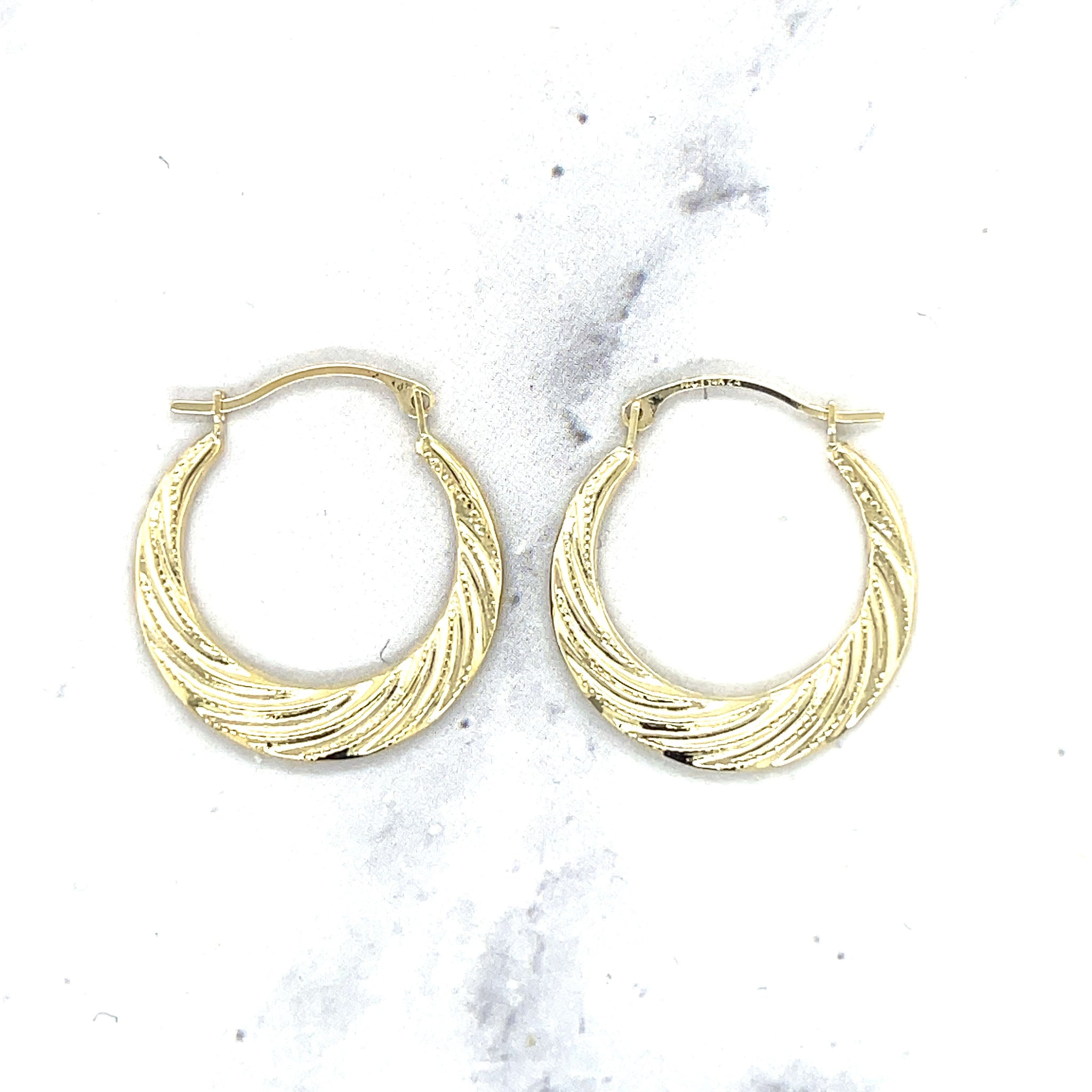 14K Yellow Gold Lite 20mm Milgrain Detail Twist Hoop Earrings with Hinged Closure, Crescent Hoops, Real Gold Earrings