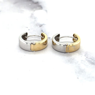 14K Two Tone Gold 15mm Reversible Huggie Earrings with Hinged Snap Back, 5mm Thick, Yelllow & White Gold Earrings, Huggie Earrings