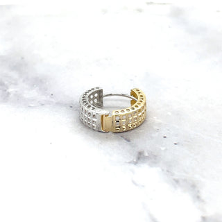 14K Two Tone Gold 14mm Open Reversible Huggie Earrings with Hinged Snap Back, 5mm Thick, Yelllow & White Gold Earrings, Textured Huggies