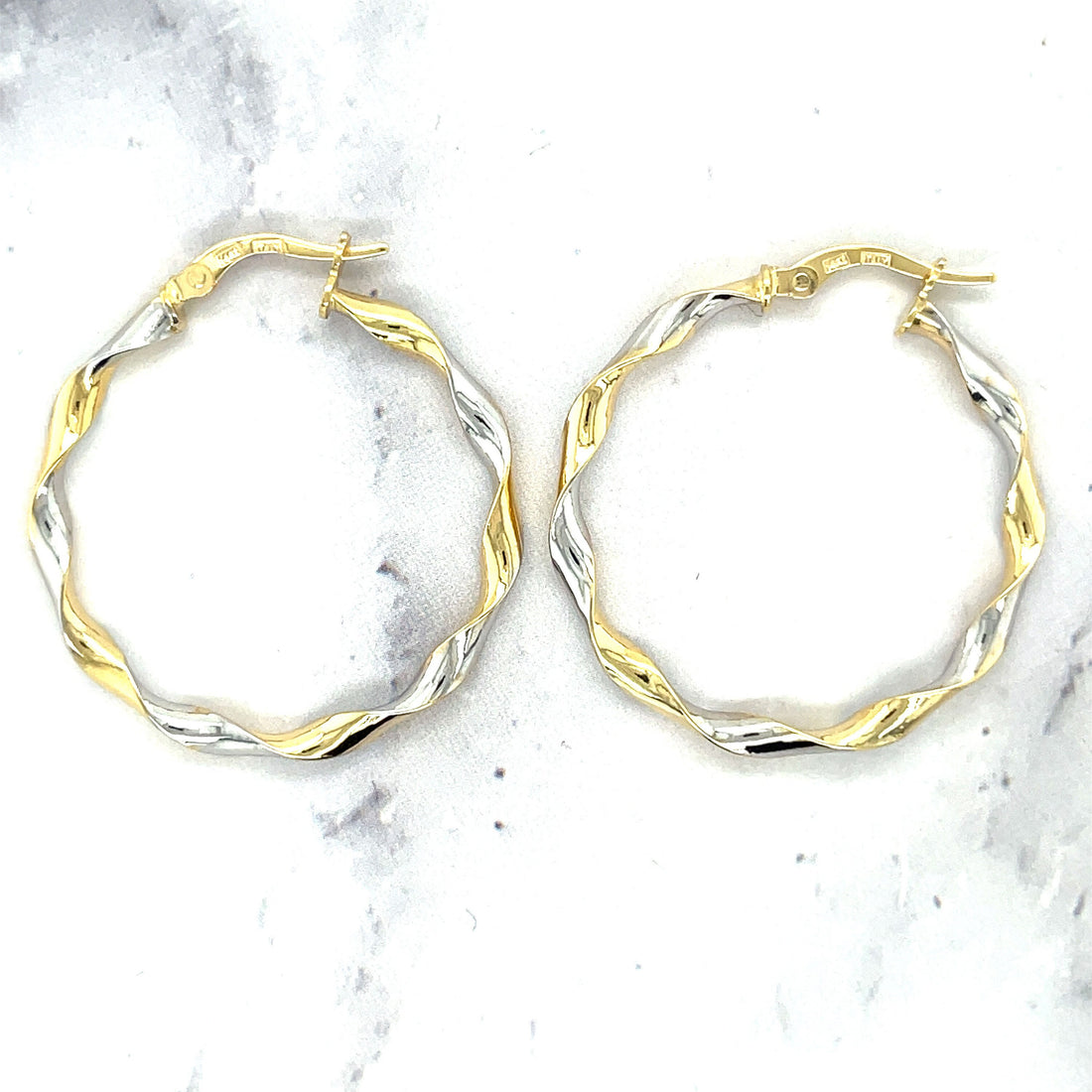 14K Two-Tone 25mm Round Twist Hoop Earrings, 2.5mm Thick, Yellow and White Gold Earrings, Twisted Hoops, Two Tone Earrings