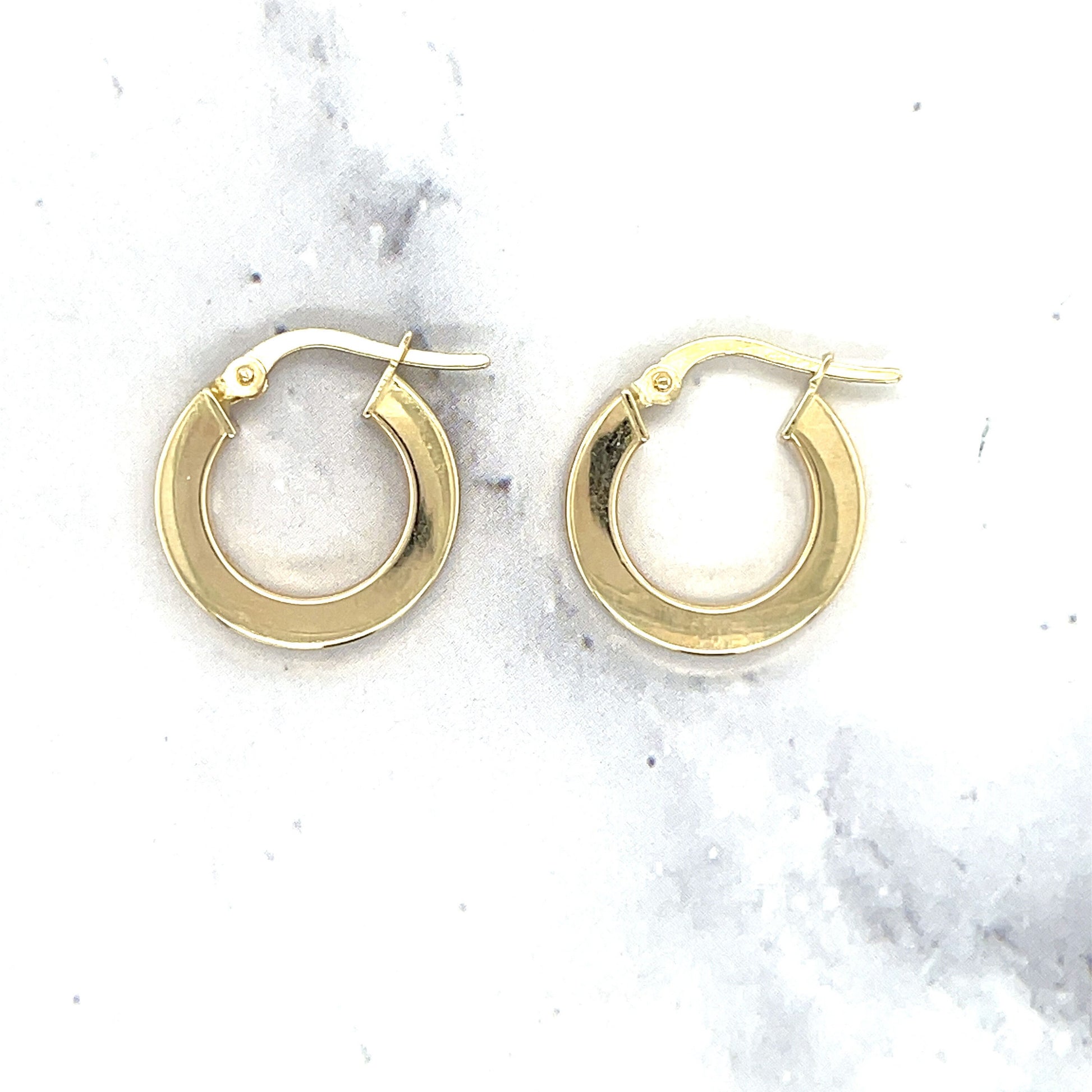 14K Yellow Gold 10mm Polished Round Hoop Earrings with Hinged Closure, 3mm Thick, Real Gold Earrings