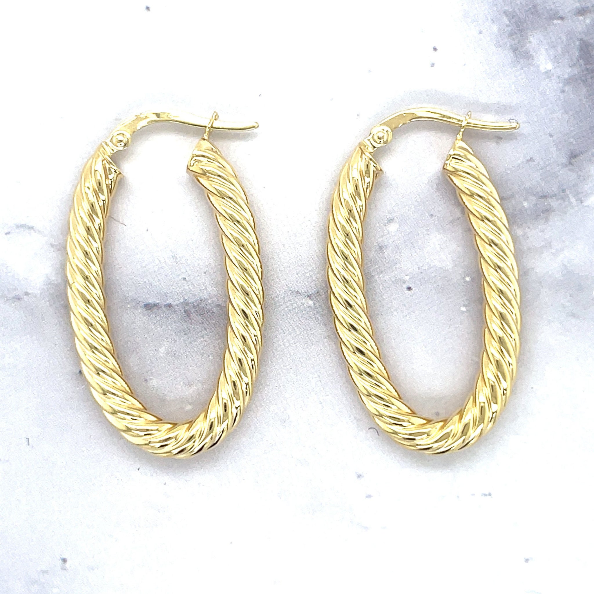 14K Yellow Gold Large Oval Twist Hoop Earrings, 3.7mm Thick, Twisted Hoops, Oval Earrings