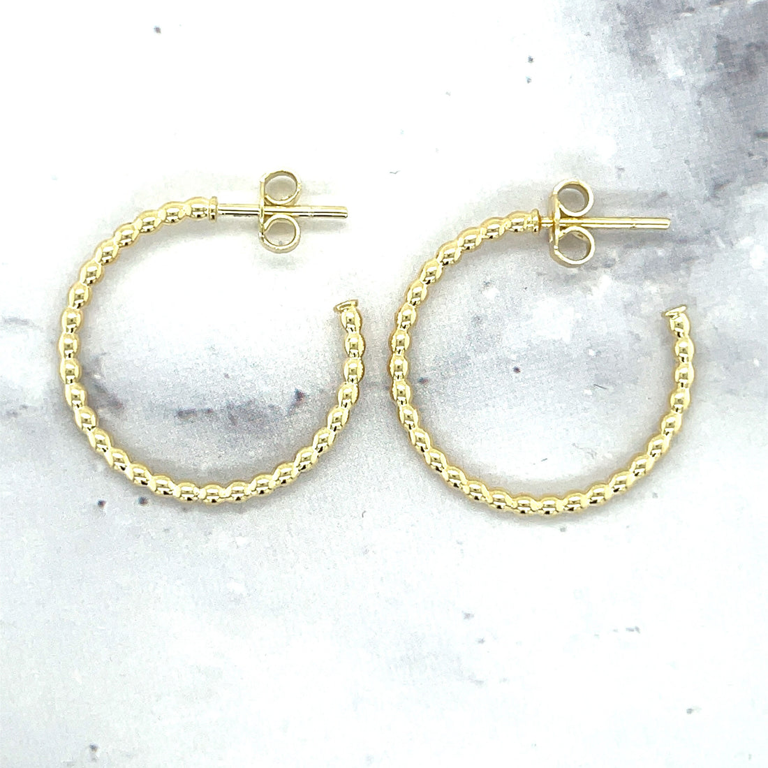 14K Yellow Gold 23mm Polished Bead C Hoop with Push Back Clasp, 2mm Thick, Textured Earrings