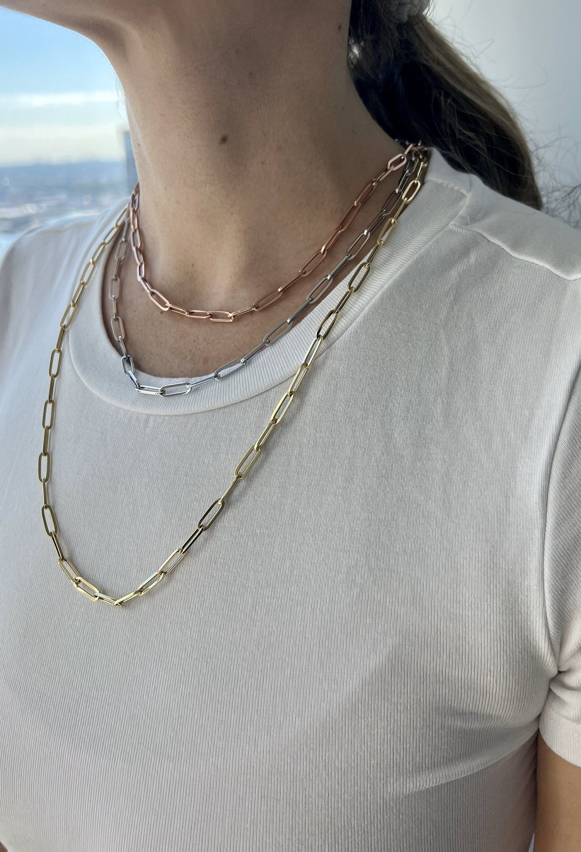 14K Rose Gold 18" Lite Paperclip Necklace Rectangle Link Chain 4.2mm Wide Real Gold, Real Gold Chain, Paperclip Chain, Women