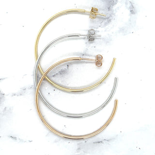 14K Gold 40mm C Hoop with Push Back Closure, 1.5mm Thick, Thin Gold Hoops, C-Hoop Earrings, Real Gold Hoops, Yellow White Rose Gold, Women