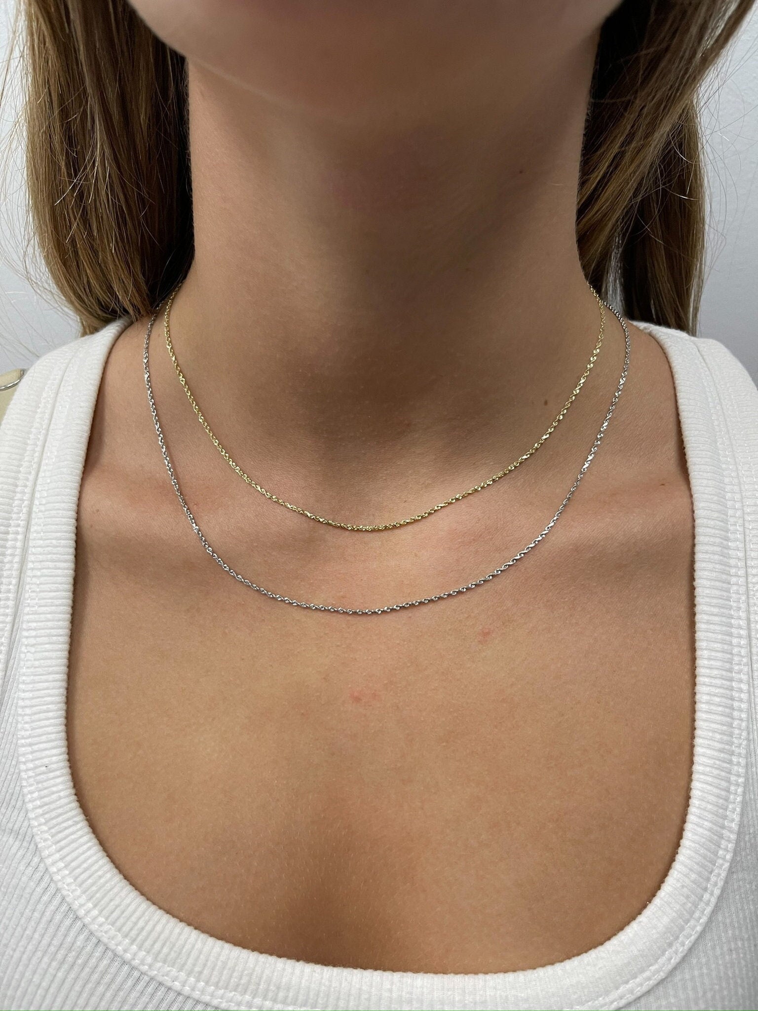 Solid 14K Yellow Gold Diamond Cut Rope Chain With Lobster Lock, 1.4mm Wide, 16" 18" 20" 22" 24", Real Gold Necklace, White Gold, Women