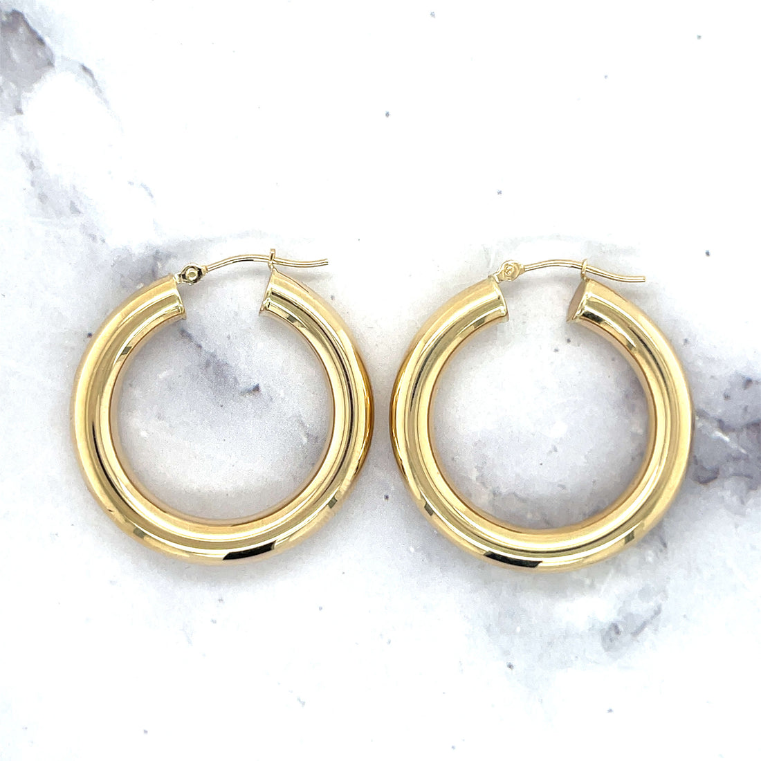 14K Yellow Gold 30mm 40mm Polished Hoop Earring with Hinged Closure, 5mm Thick, Tube Earrings, Thick Hoops, Real Gold Earrings