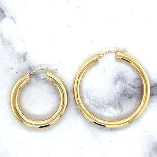 14K Yellow Gold 30mm 40mm Polished Hoop Earring with Hinged Closure, 5mm Thick, Tube Earrings, Thick Hoops, Real Gold Earrings