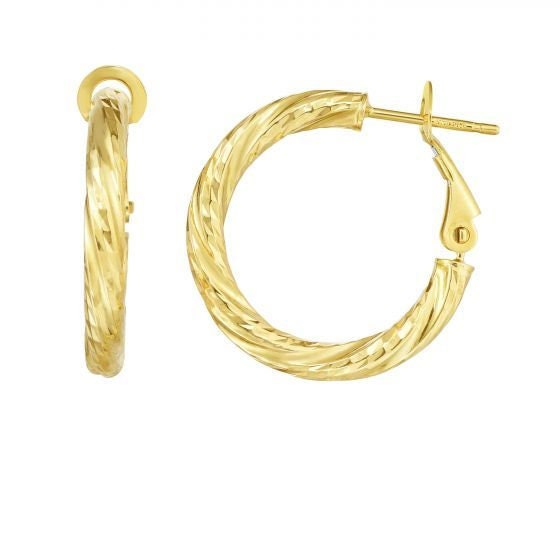 14K Yellow Gold 10mm 15mm 20mm Diamond Cut Twist Omega Back Hoop Earring, 3mm Thick, Textured Hoops, Twisted Hoops, Real Gold Earrings