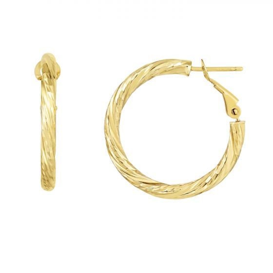 14K Yellow Gold 10mm 15mm 20mm Diamond Cut Twist Omega Back Hoop Earring, 3mm Thick, Textured Hoops, Twisted Hoops, Real Gold Earrings